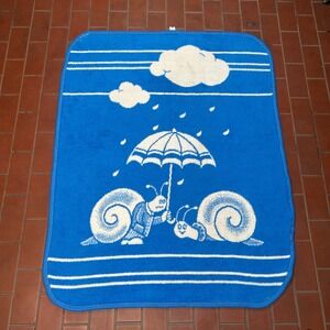 San Marcos Vintage Snail Umbrella Baby Blanket Blue White Reversible Plush 43x55